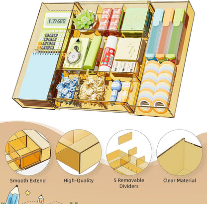 Expandable Desk Drawer Organizer, Clear Plastic Drawer Organizer Tray with 10 Adjustable Compartments, Desk Organizers and Accessories, 5 Drawer Dividers for Office Supplies, Makeup (Pink)