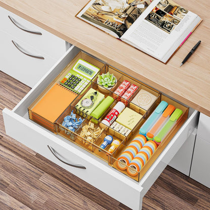 Expandable Desk Drawer Organizer, Clear Plastic Drawer Organizer Tray with 10 Adjustable Compartments, Desk Organizers and Accessories, 5 Drawer Dividers for Office Supplies, Makeup (Pink)