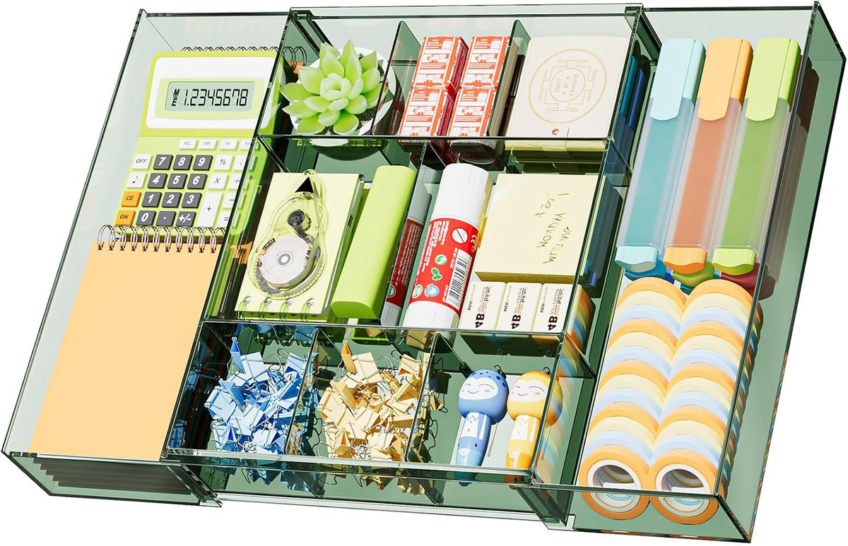 Expandable Desk Drawer Organizer, Clear Plastic Drawer Organizer Tray with 10 Adjustable Compartments, Desk Organizers and Accessories, 5 Drawer Dividers for Office Supplies, Makeup (Pink)