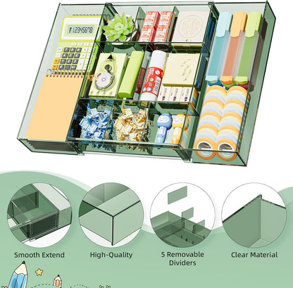 Expandable Desk Drawer Organizer, Clear Plastic Drawer Organizer Tray with 10 Adjustable Compartments, Desk Organizers and Accessories, 5 Drawer Dividers for Office Supplies, Makeup (Pink)