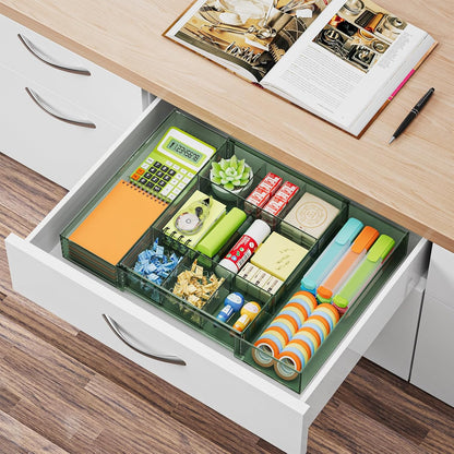 Expandable Desk Drawer Organizer, Clear Plastic Drawer Organizer Tray with 10 Adjustable Compartments, Desk Organizers and Accessories, 5 Drawer Dividers for Office Supplies, Makeup (Pink)