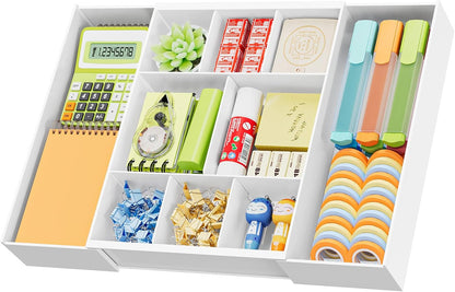 Expandable Desk Drawer Organizer, Clear Plastic Drawer Organizer Tray with 10 Adjustable Compartments, Desk Organizers and Accessories, 5 Drawer Dividers for Office Supplies, Makeup (Pink)