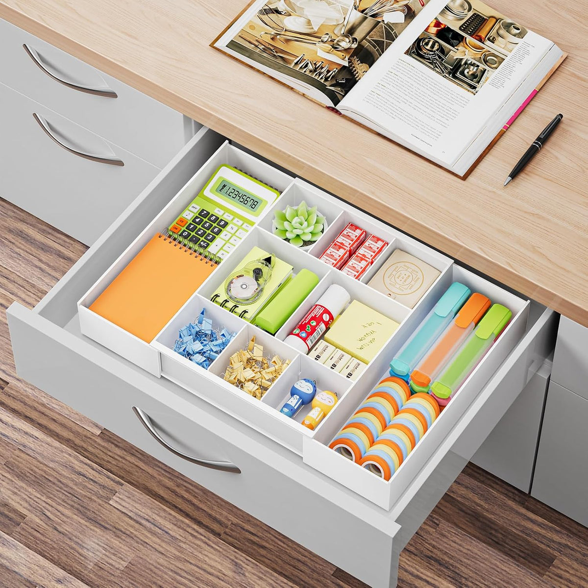 Expandable Desk Drawer Organizer, Clear Plastic Drawer Organizer Tray with 10 Adjustable Compartments, Desk Organizers and Accessories, 5 Drawer Dividers for Office Supplies, Makeup (Pink)
