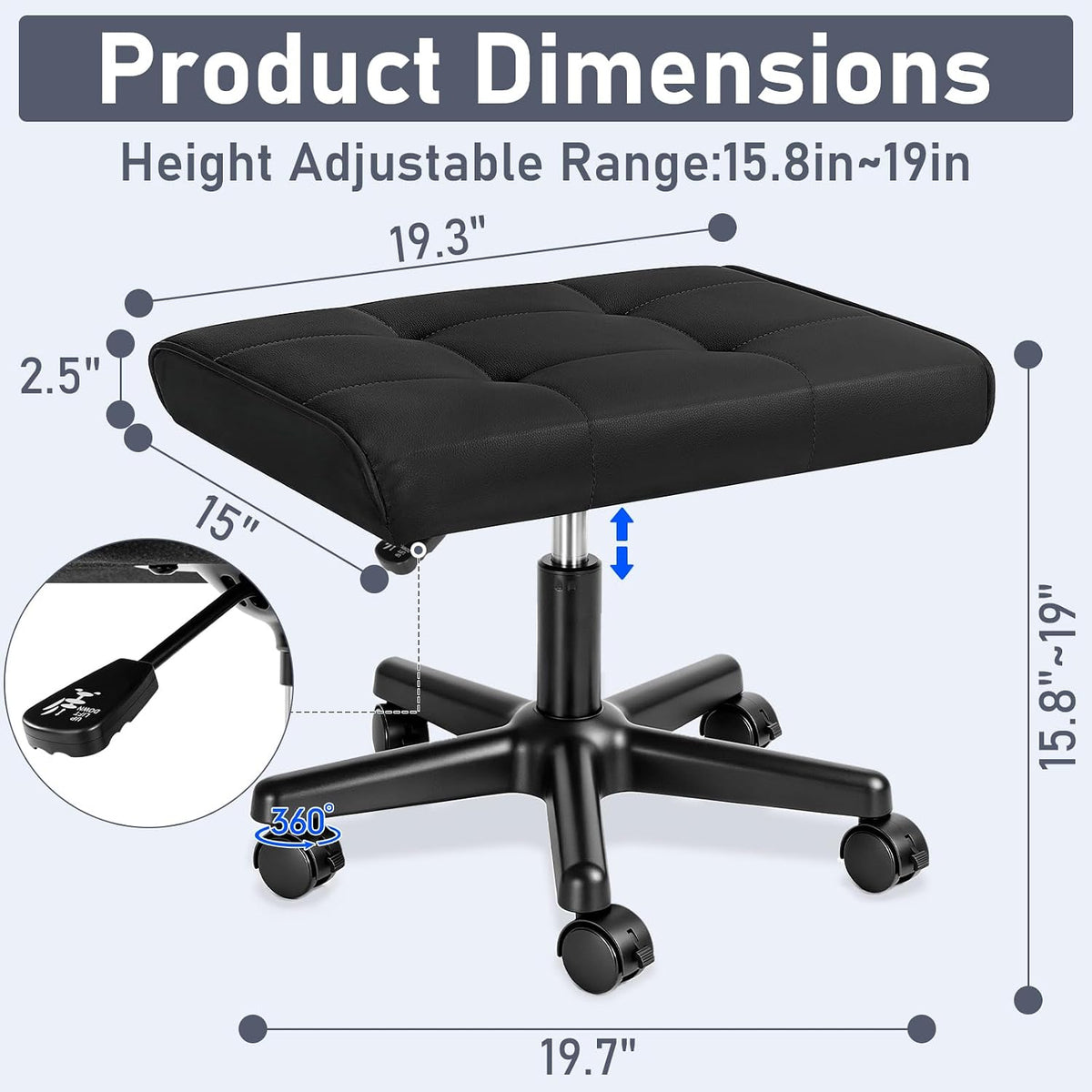 Footrest Under Desk Leg Rest Ottoman Adjustable Height Foot Stool (Black)