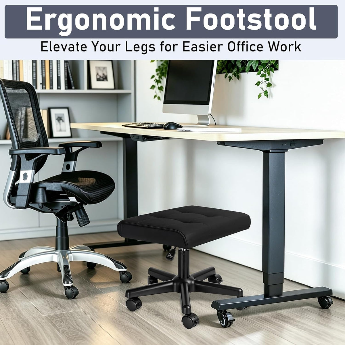 Footrest Under Desk Leg Rest Ottoman Adjustable Height Foot Stool (Black)
