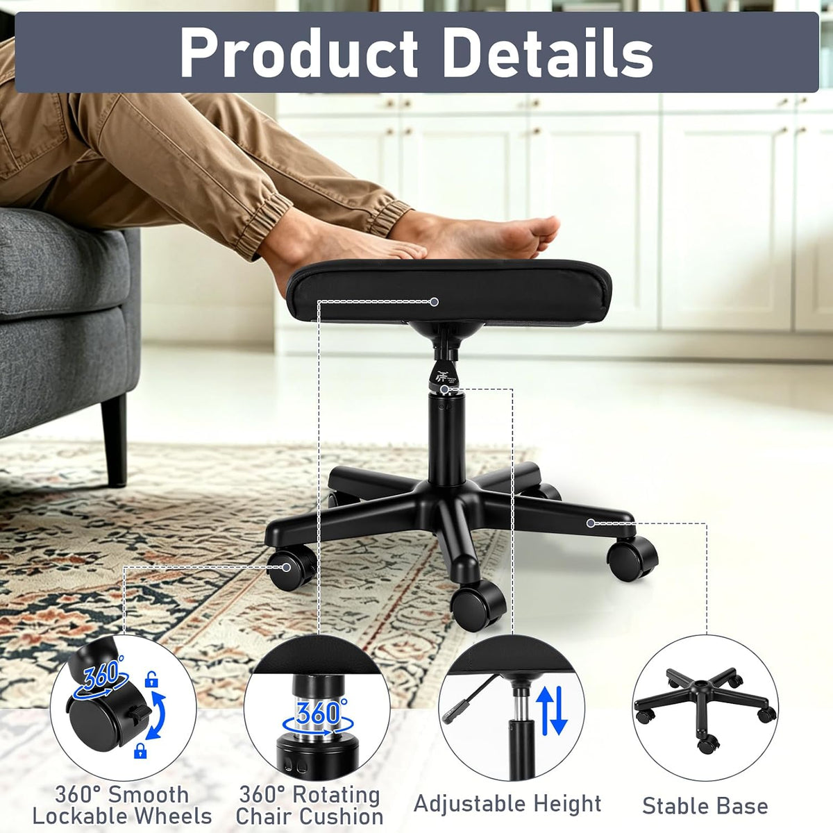 Footrest Under Desk Leg Rest Ottoman Adjustable Height Foot Stool (Black)