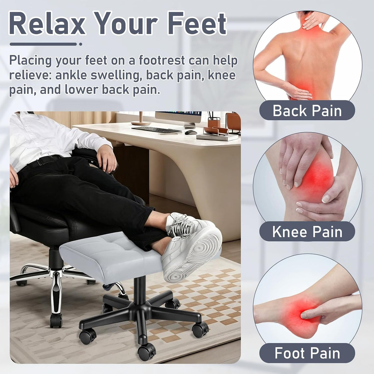 Footrest Under Desk Leg Rest Ottoman Adjustable Height Foot Stool (Black)