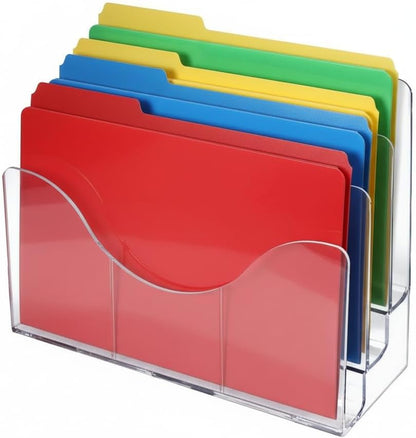 250099 Three Tier File and Brochure Desktop Wall Organizer Holder with Dividers, Brochure Display Stand, Acrylic File Holder, Clear, 8.5" x 11"
