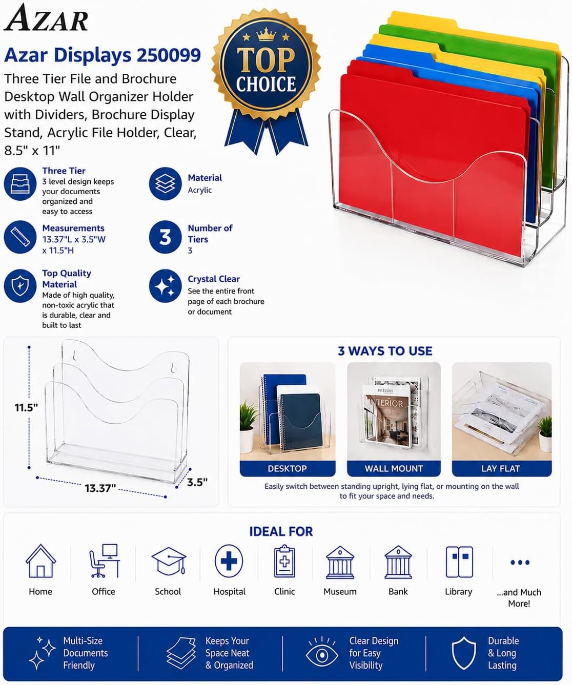250099 Three Tier File and Brochure Desktop Wall Organizer Holder with Dividers, Brochure Display Stand, Acrylic File Holder, Clear, 8.5" x 11"