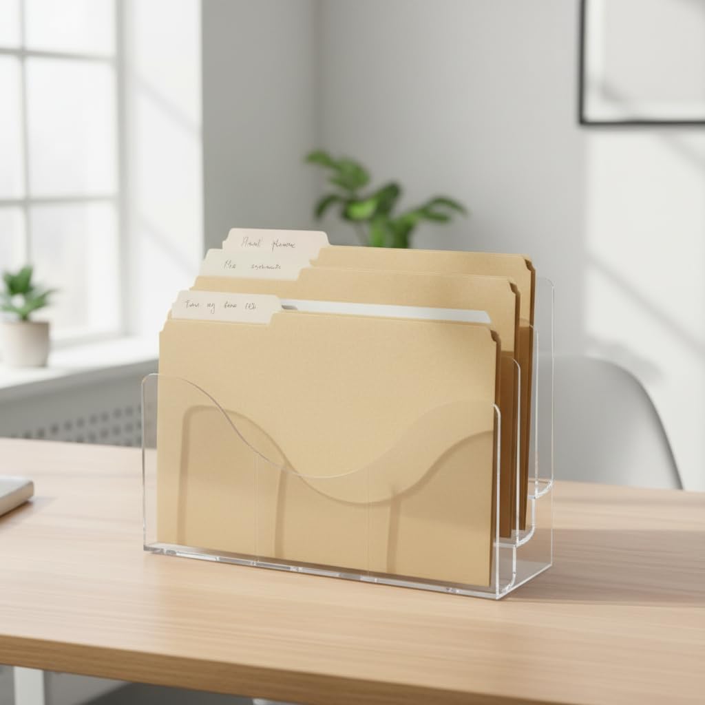 250099 Three Tier File and Brochure Desktop Wall Organizer Holder with Dividers, Brochure Display Stand, Acrylic File Holder, Clear, 8.5" x 11"