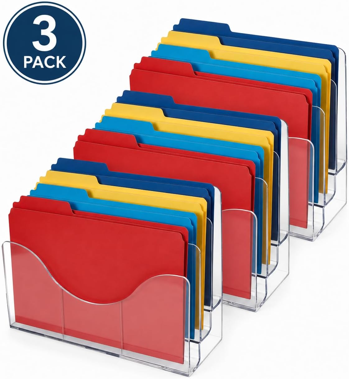 250099 Three Tier File and Brochure Desktop Wall Organizer Holder with Dividers, Brochure Display Stand, Acrylic File Holder, Clear, 8.5" x 11"