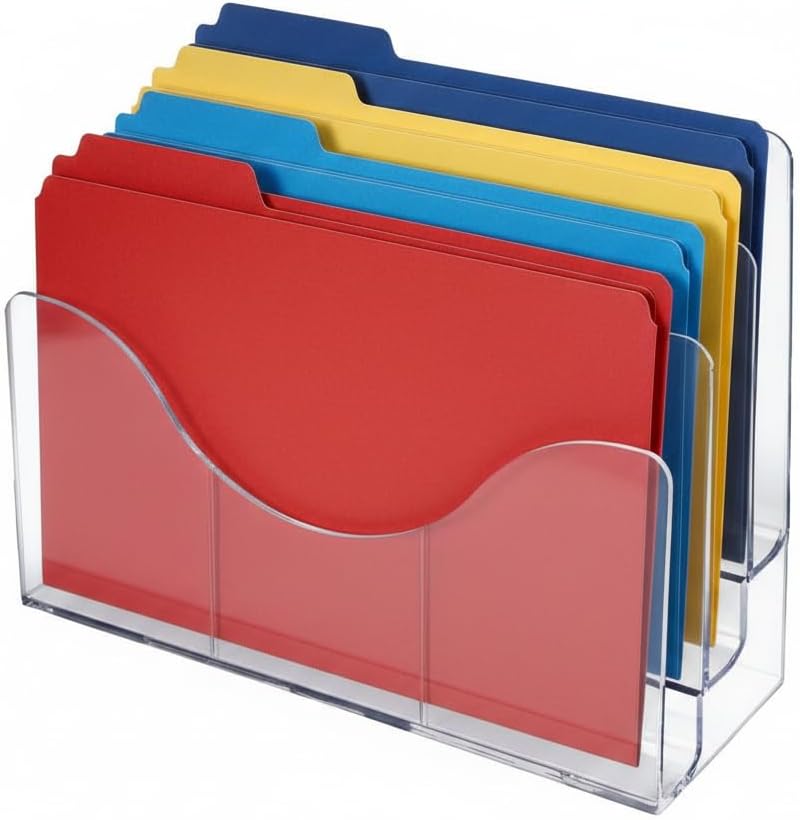250099 Three Tier File and Brochure Desktop Wall Organizer Holder with Dividers, Brochure Display Stand, Acrylic File Holder, Clear, 8.5" x 11"