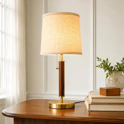 Mid Century Wood Table Lamp with Pull Chain, Bedside Lamp