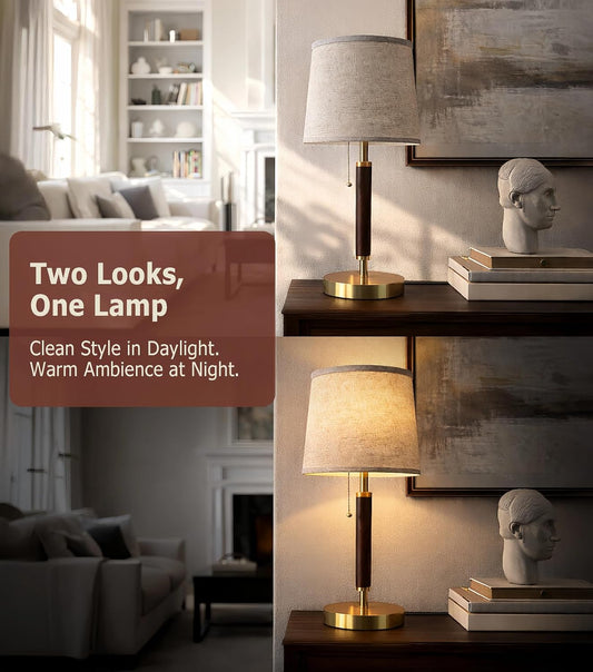 Mid Century Wood Table Lamp with Pull Chain, Bedside Lamp