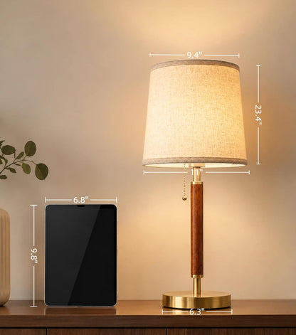 Mid Century Wood Table Lamp with Pull Chain, Bedside Lamp
