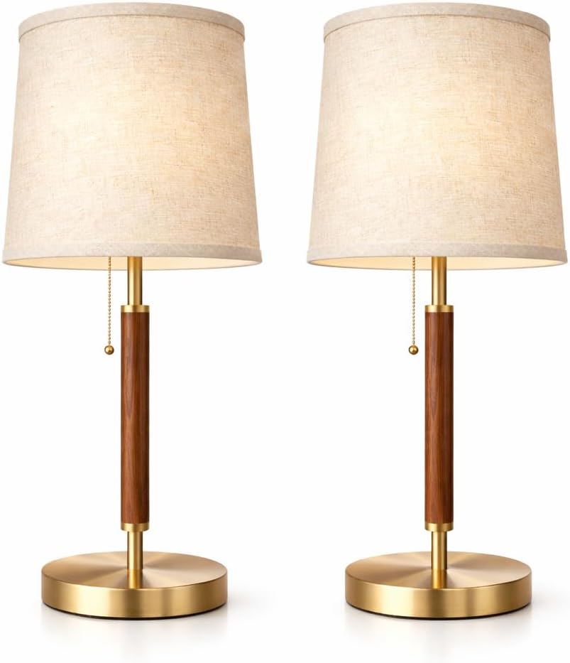 Mid Century Wood Table Lamp with Pull Chain, Bedside Lamp