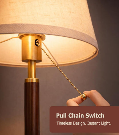 Mid Century Wood Table Lamp with Pull Chain, Bedside Lamp