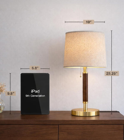 Mid Century Wood Table Lamp with Pull Chain, Bedside Lamp