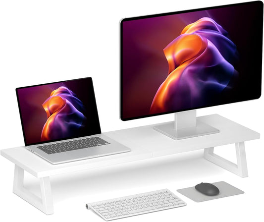 White Dual Monitor Stand Riser, 31.5 inch Long Stand, Desk Organizer