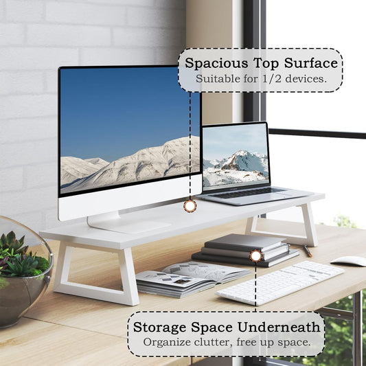 White Dual Monitor Stand Riser, 31.5 inch Long Stand, Desk Organizer