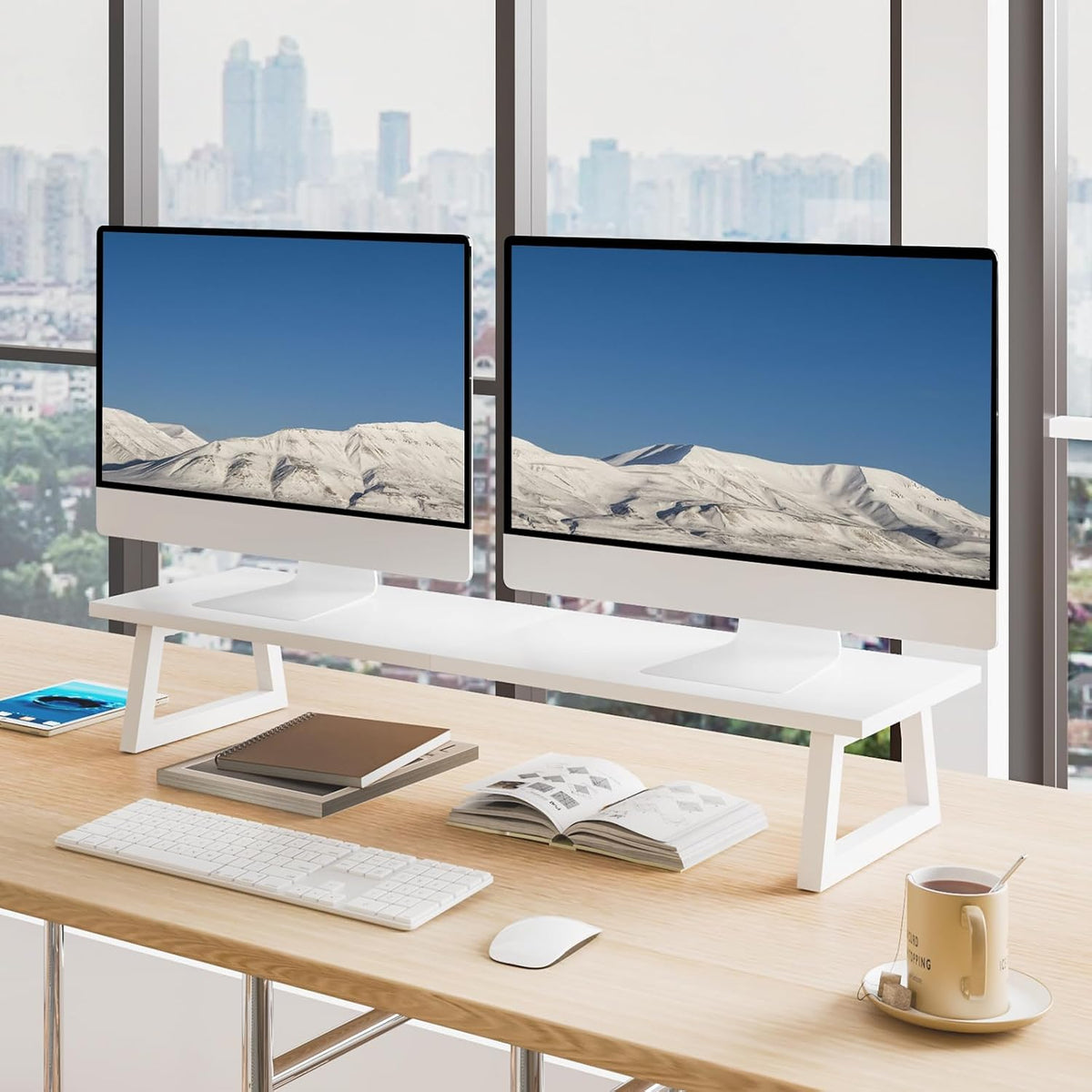 White Dual Monitor Stand Riser, 31.5 inch Long Stand, Desk Organizer