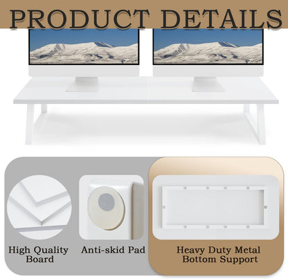 White Dual Monitor Stand Riser, 31.5 inch Long Stand, Desk Organizer