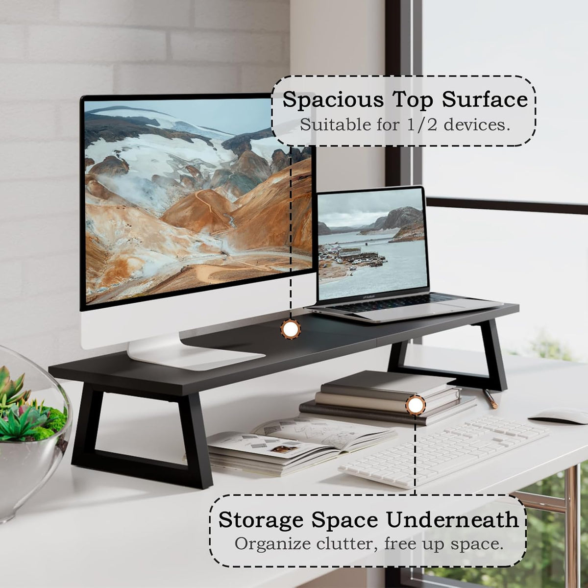 White Dual Monitor Stand Riser, 31.5 inch Long Stand, Desk Organizer