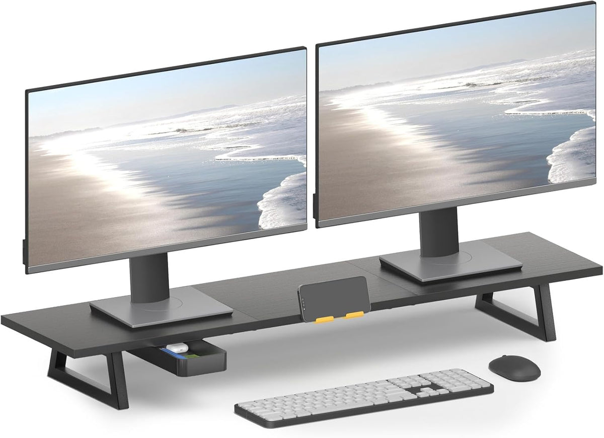 White Dual Monitor Stand Riser, 31.5 inch Long Stand, Desk Organizer