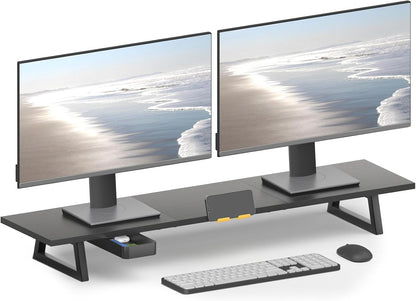 White Dual Monitor Stand Riser, 31.5 inch Long Stand, Desk Organizer