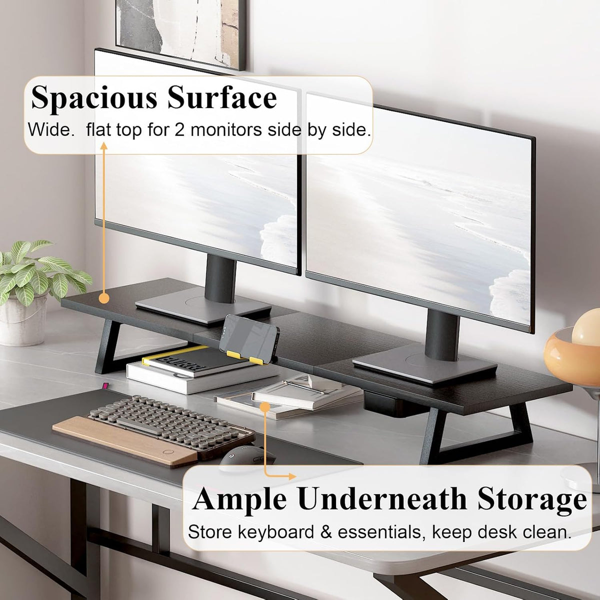 White Dual Monitor Stand Riser, 31.5 inch Long Stand, Desk Organizer