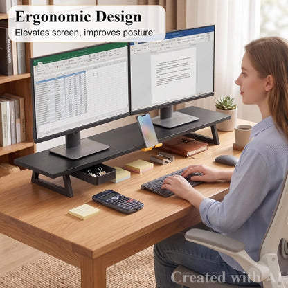 White Dual Monitor Stand Riser, 31.5 inch Long Stand, Desk Organizer