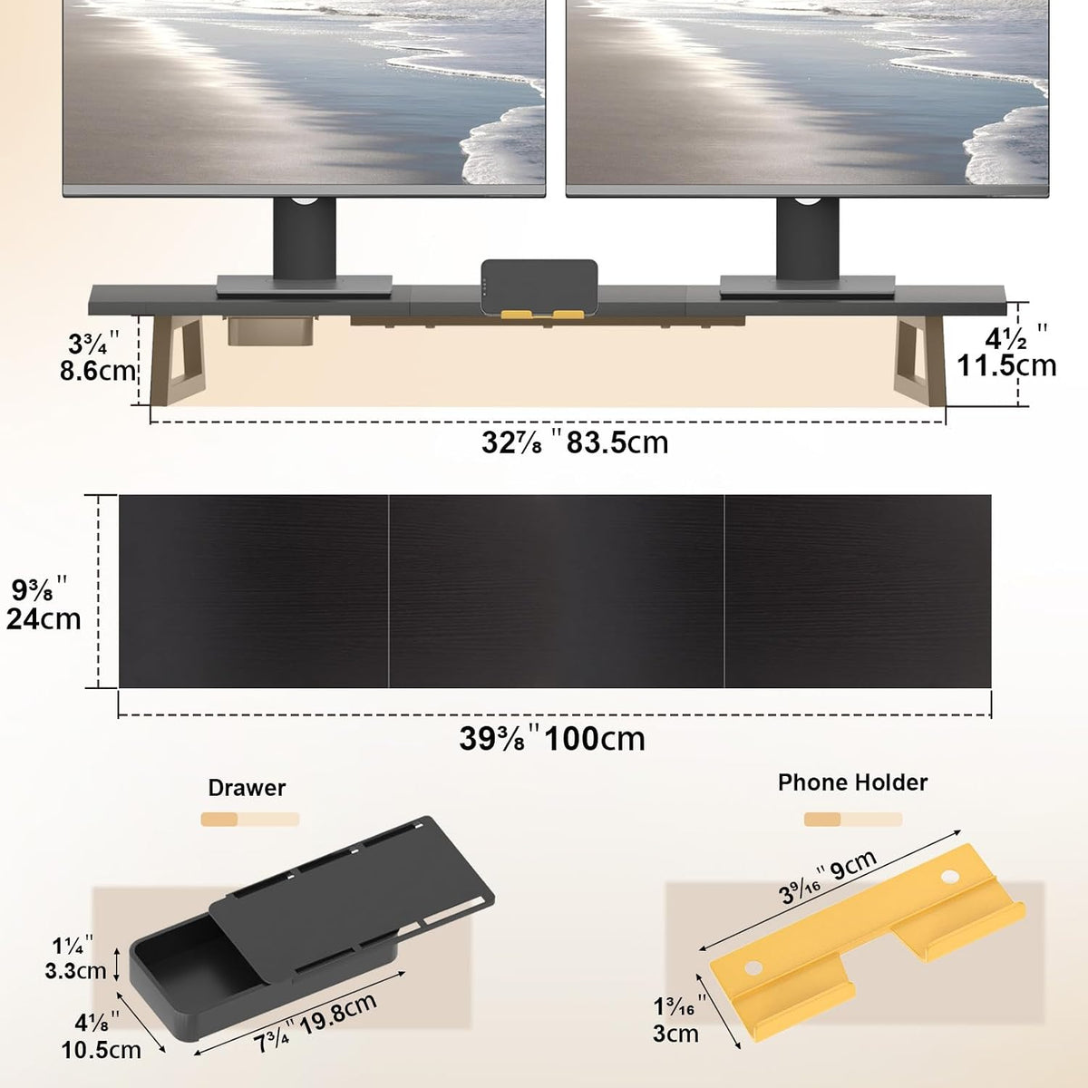 White Dual Monitor Stand Riser, 31.5 inch Long Stand, Desk Organizer