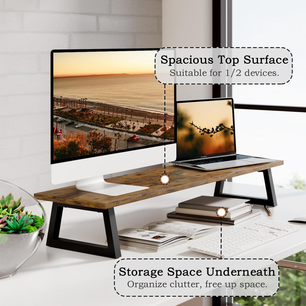 White Dual Monitor Stand Riser, 31.5 inch Long Stand, Desk Organizer