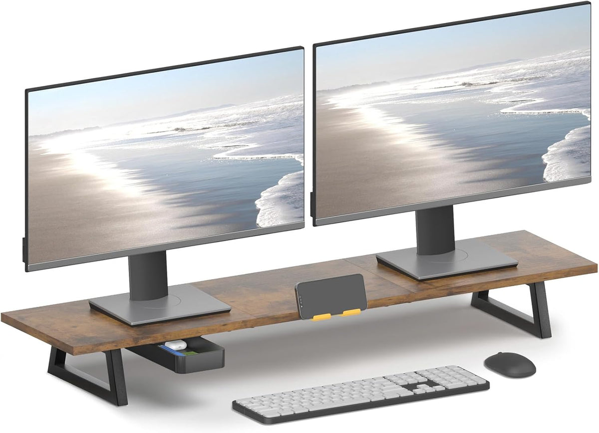 White Dual Monitor Stand Riser, 31.5 inch Long Stand, Desk Organizer