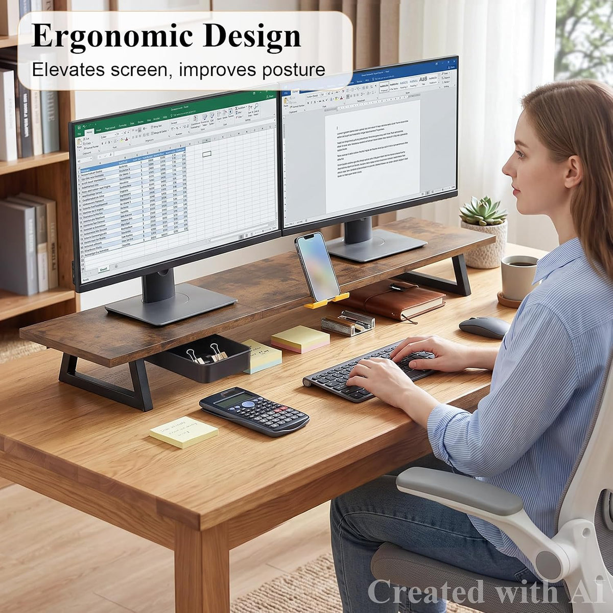 White Dual Monitor Stand Riser, 31.5 inch Long Stand, Desk Organizer