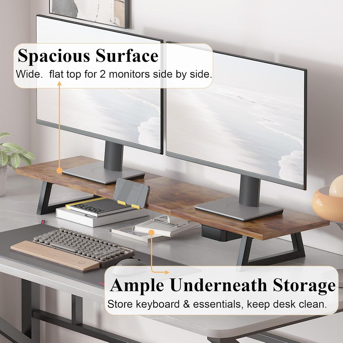 White Dual Monitor Stand Riser, 31.5 inch Long Stand, Desk Organizer