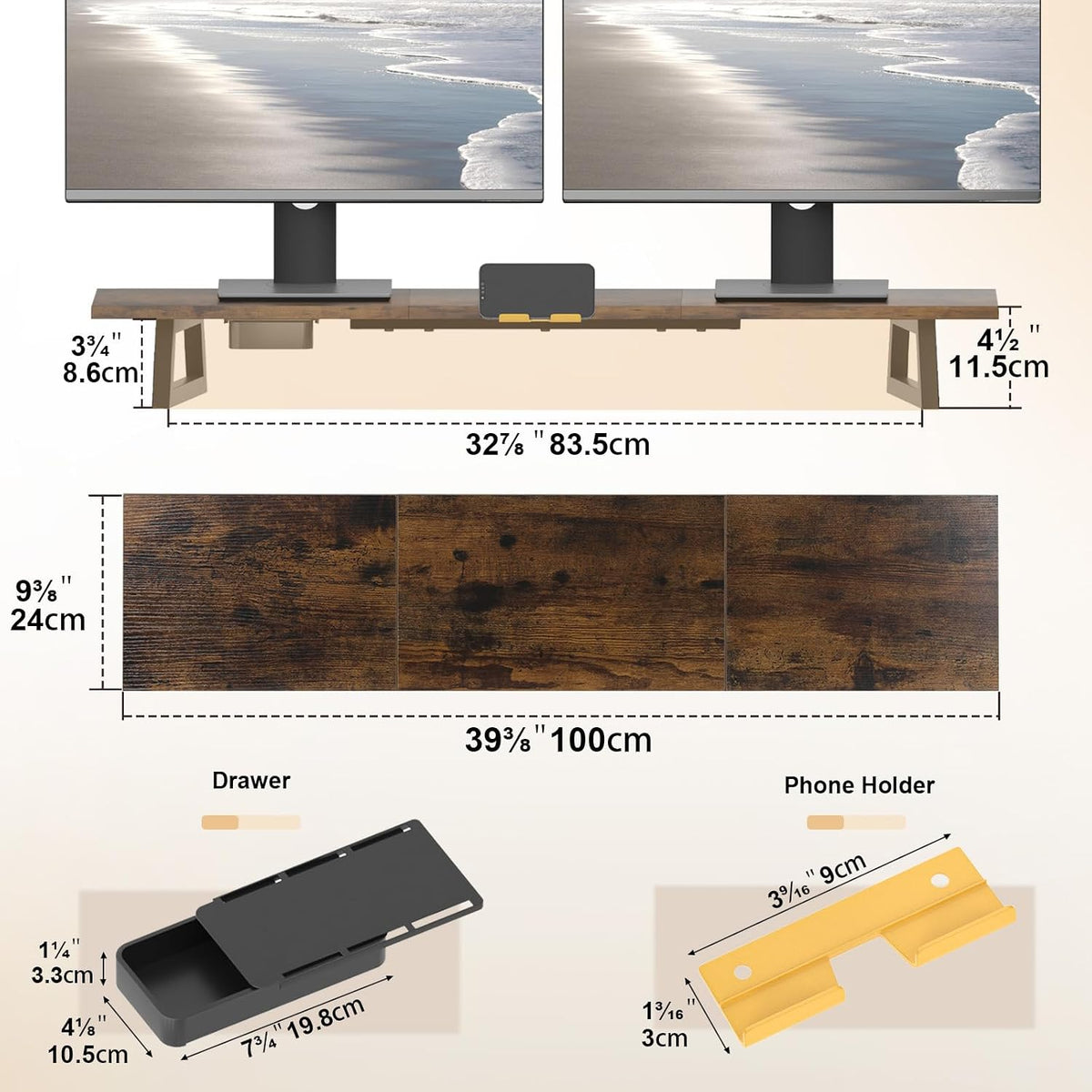 White Dual Monitor Stand Riser, 31.5 inch Long Stand, Desk Organizer