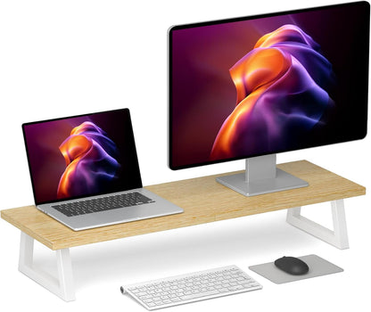 White Dual Monitor Stand Riser, 31.5 inch Long Stand, Desk Organizer