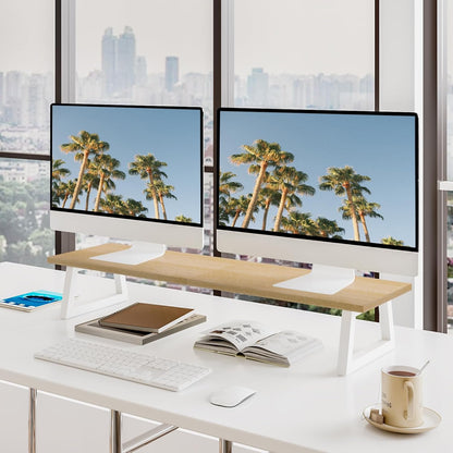 White Dual Monitor Stand Riser, 31.5 inch Long Stand, Desk Organizer