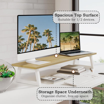 White Dual Monitor Stand Riser, 31.5 inch Long Stand, Desk Organizer