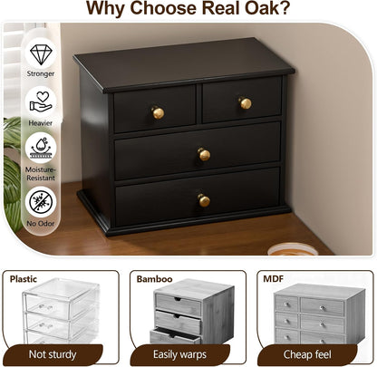Oak Desk Organizer with Drawers, Durable Wooden Desktop Storage Box