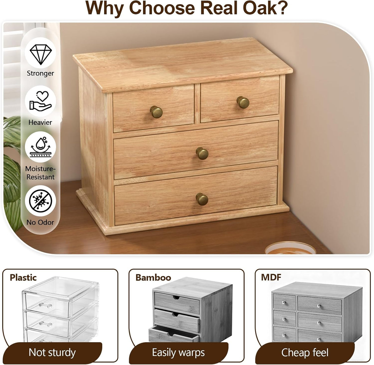 Oak Desk Organizer with Drawers, Durable Wooden Desktop Storage Box