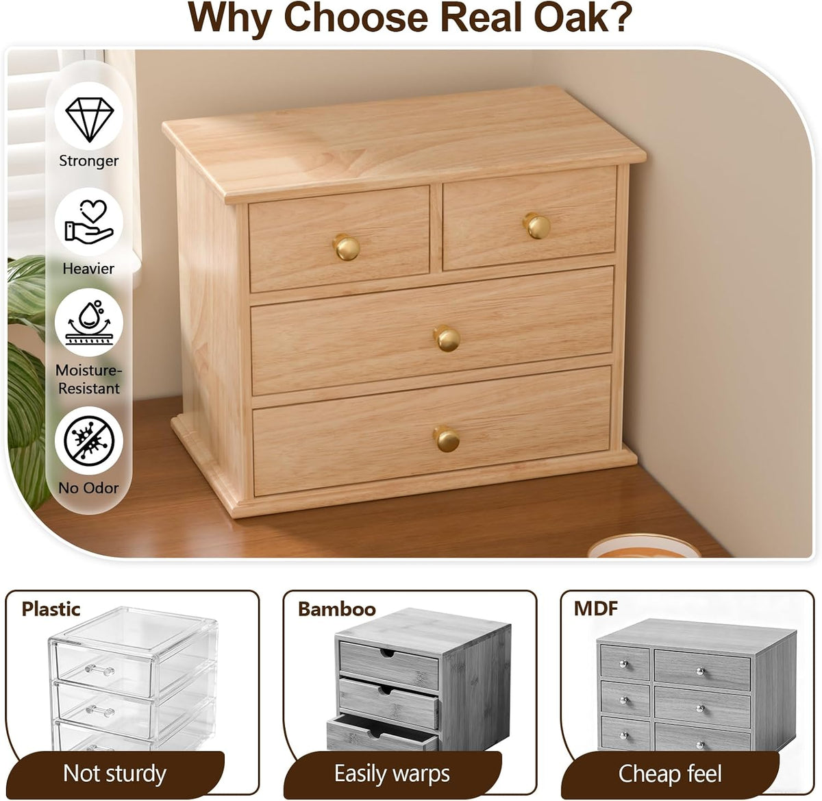 Oak Desk Organizer with Drawers, Durable Wooden Desktop Storage Box