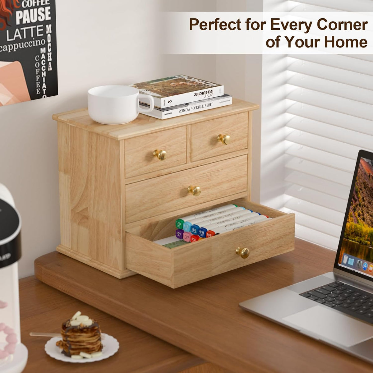 Oak Desk Organizer with Drawers, Durable Wooden Desktop Storage Box