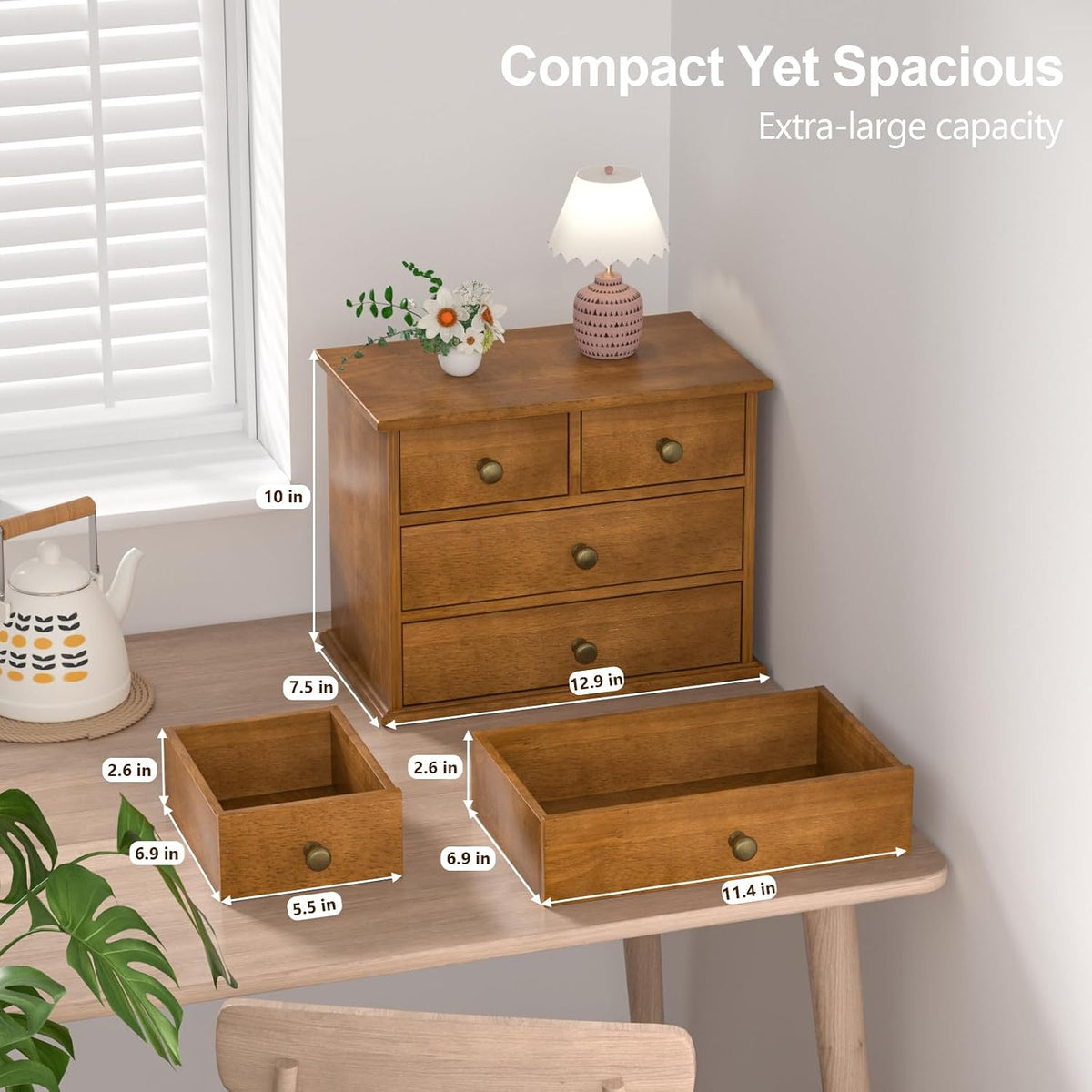 Oak Desk Organizer with Drawers, Durable Wooden Desktop Storage Box