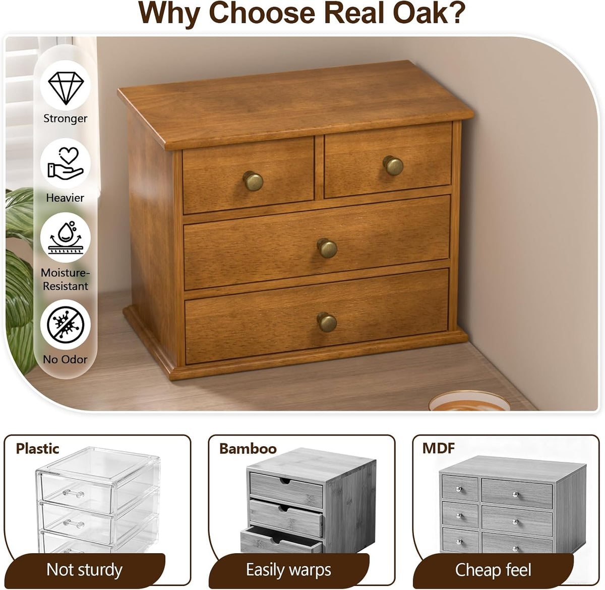 Oak Desk Organizer with Drawers, Durable Wooden Desktop Storage Box