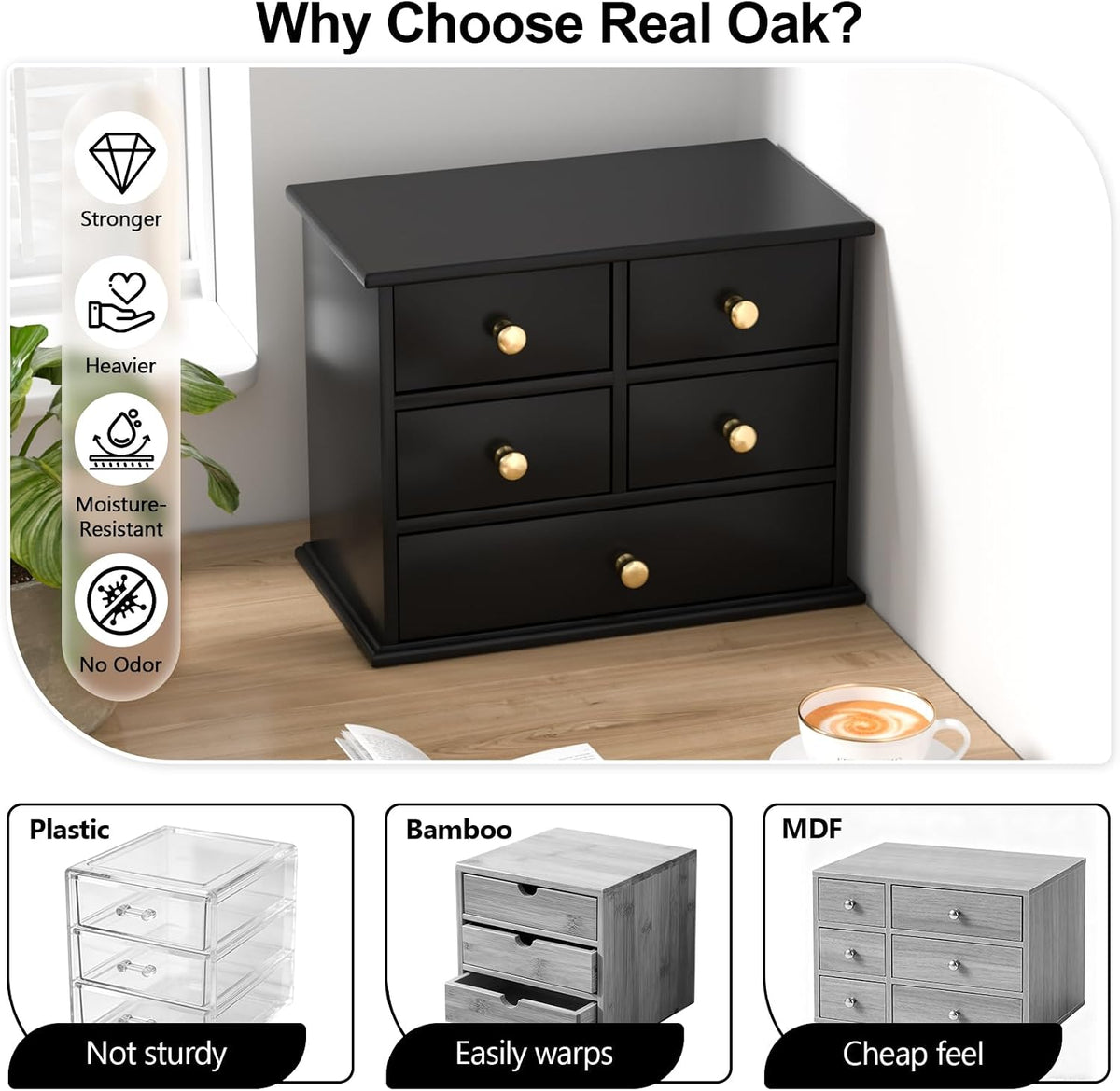 Oak Desk Organizer with Drawers, Durable Wooden Desktop Storage Box