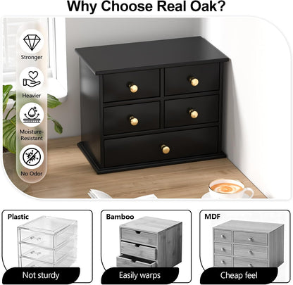 Oak Desk Organizer with Drawers, Durable Wooden Desktop Storage Box