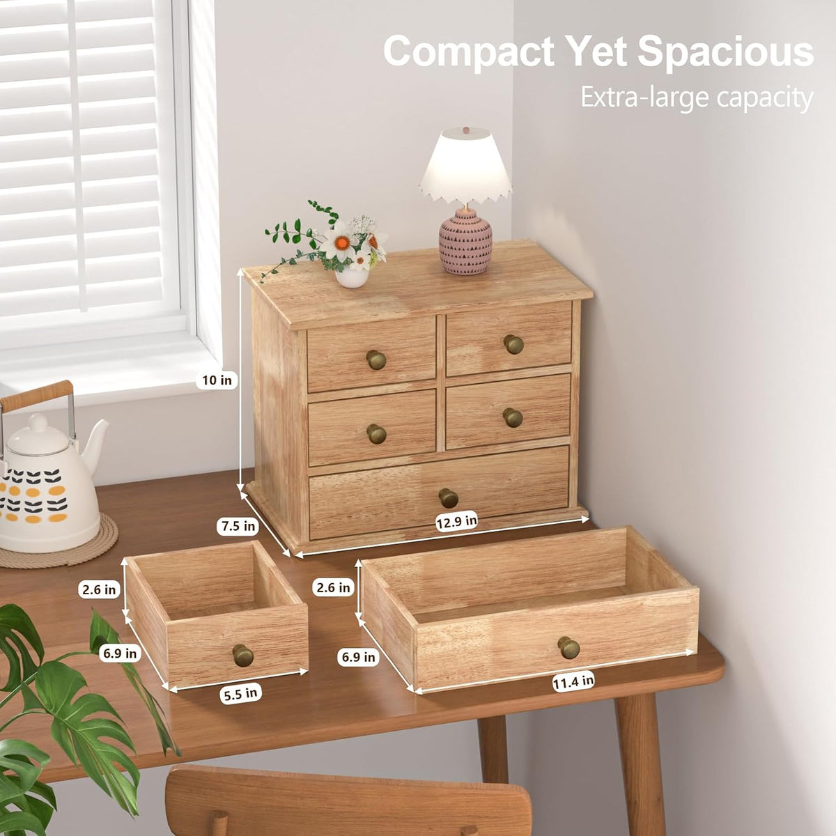 Oak Desk Organizer with Drawers, Durable Wooden Desktop Storage Box
