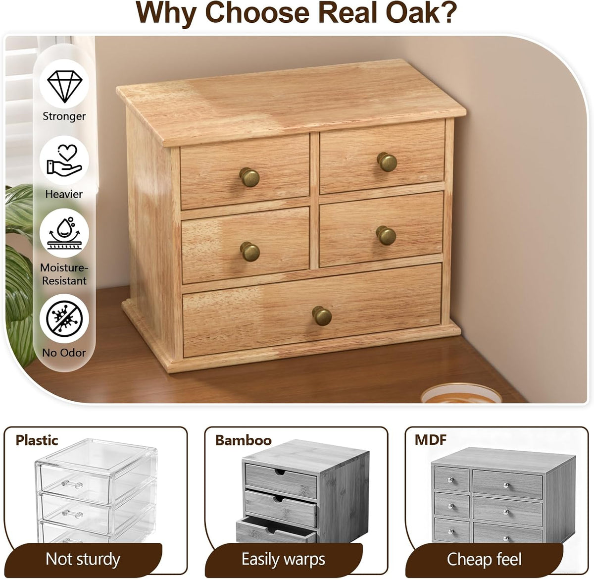 Oak Desk Organizer with Drawers, Durable Wooden Desktop Storage Box